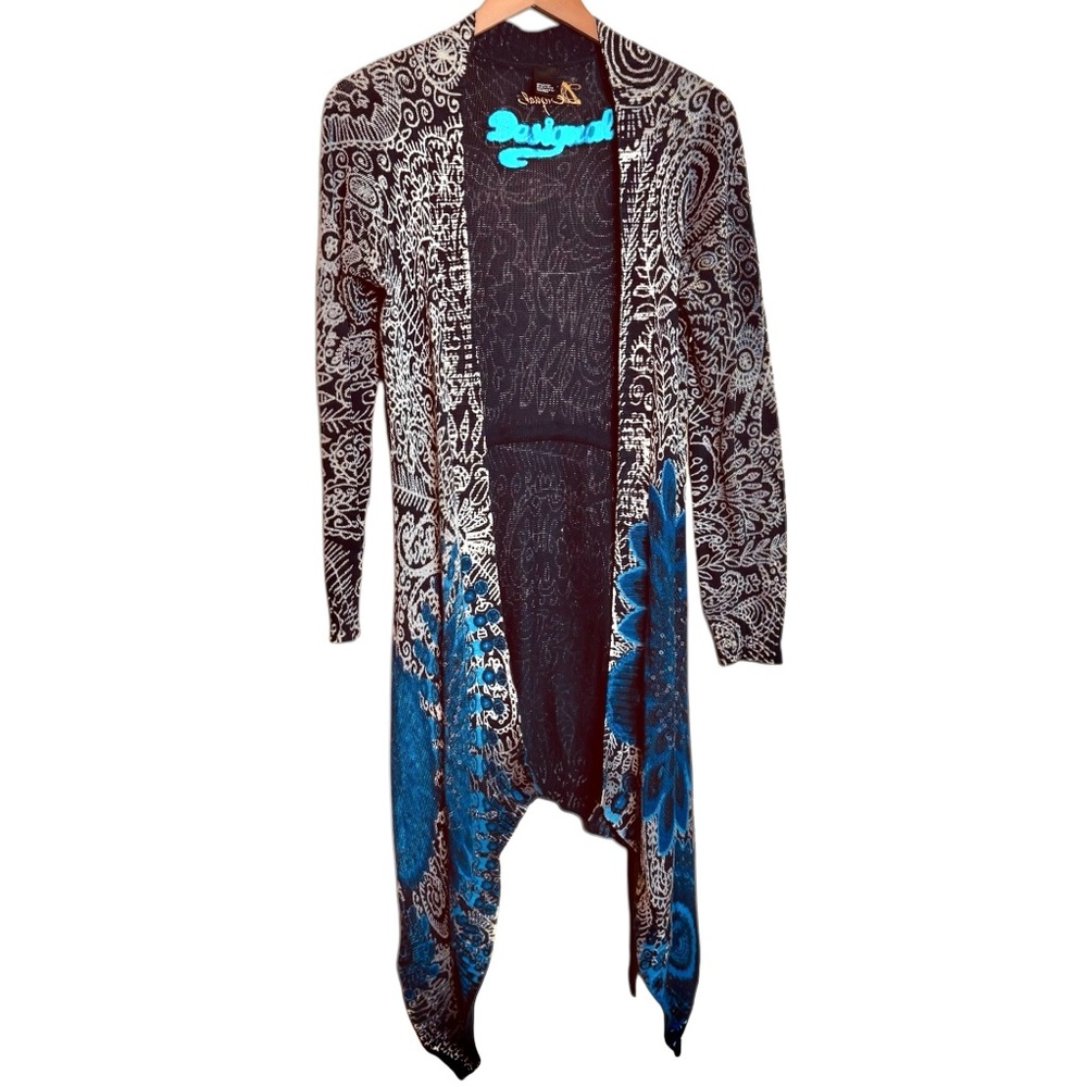 DESIGUAL Long Duster Belted Knit Cardigan Blue Cotton size S